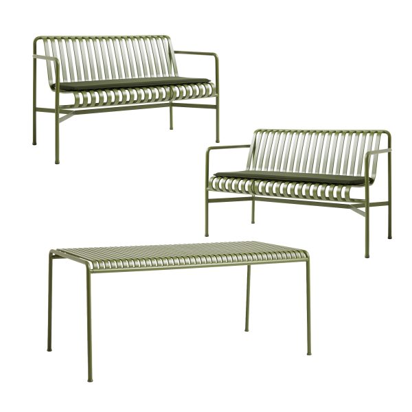 HAY - Palissade Tisch + 2x Dining Bench mit Sitzkissen