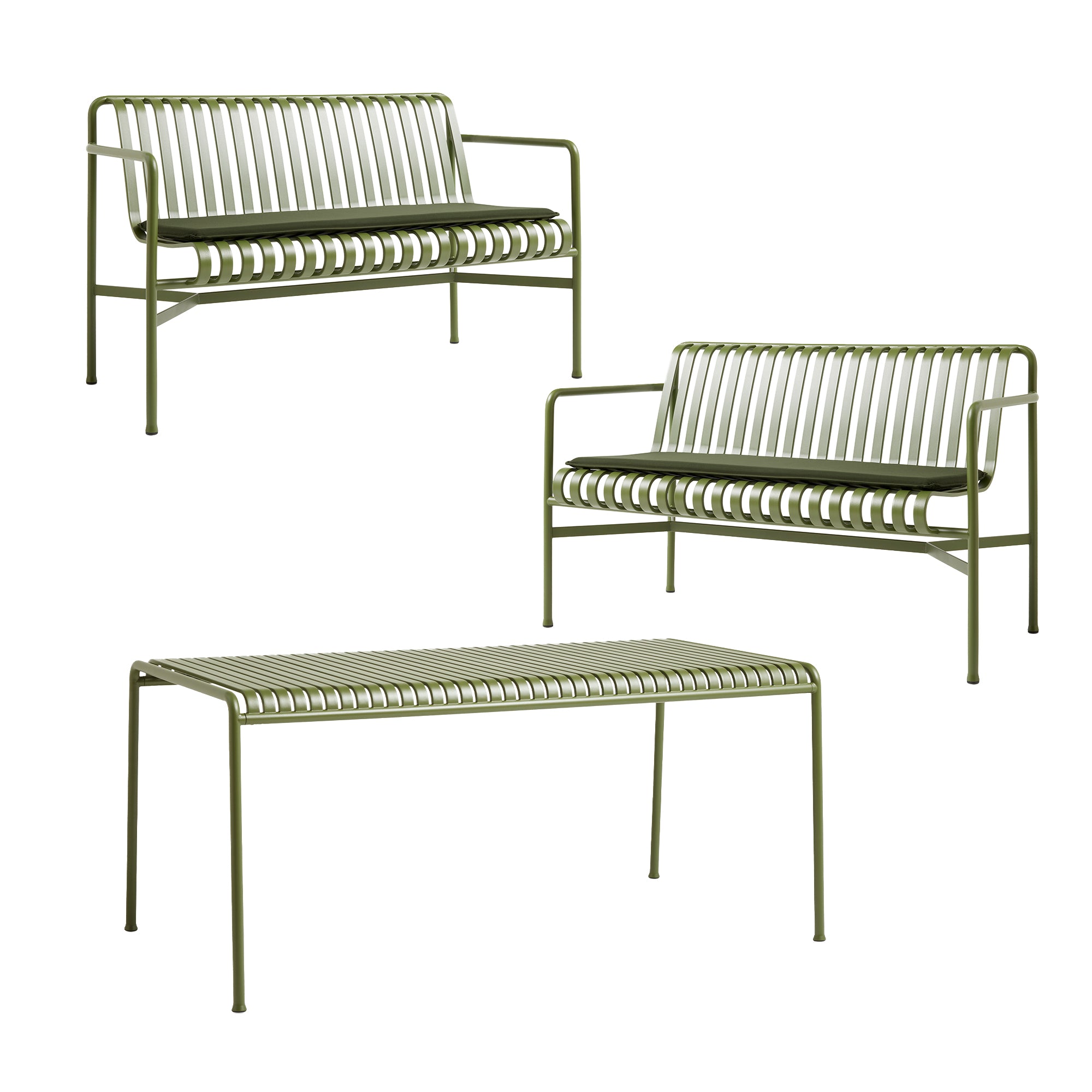 HAY - Palissade Tisch + 2x Dining Bench mit Sitzkissen
