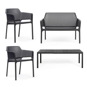 Nardi - Rio Alu Ausziehtisch 140 + Net Bank + 2x Net Armlehnstuhl
