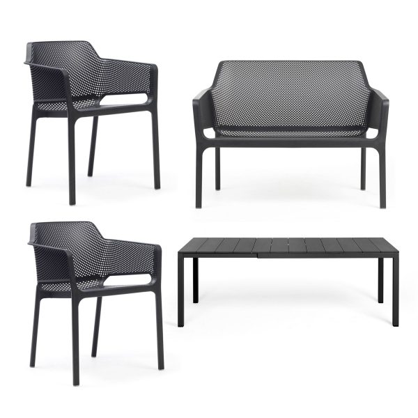 Nardi - Rio Alu Ausziehtisch 140 + Net Bank + 2x Net Armlehnstuhl