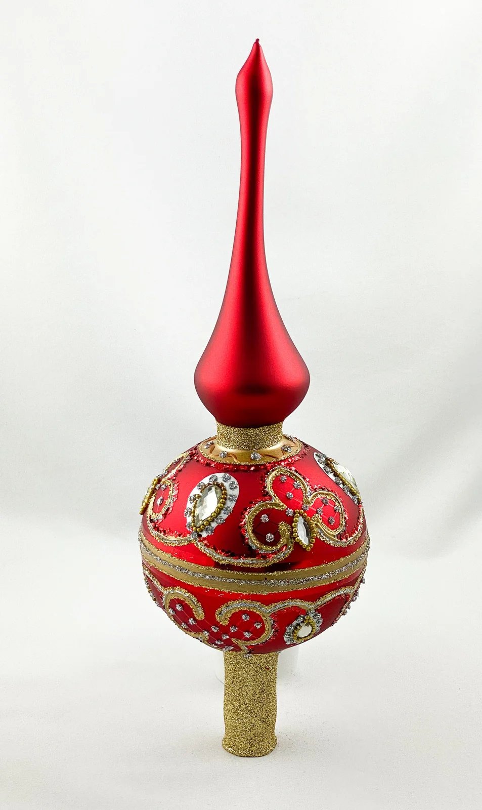 Hanco Christbaumspitze warmes Rot, Kugel mit Barock Muster und silbernen Steinen