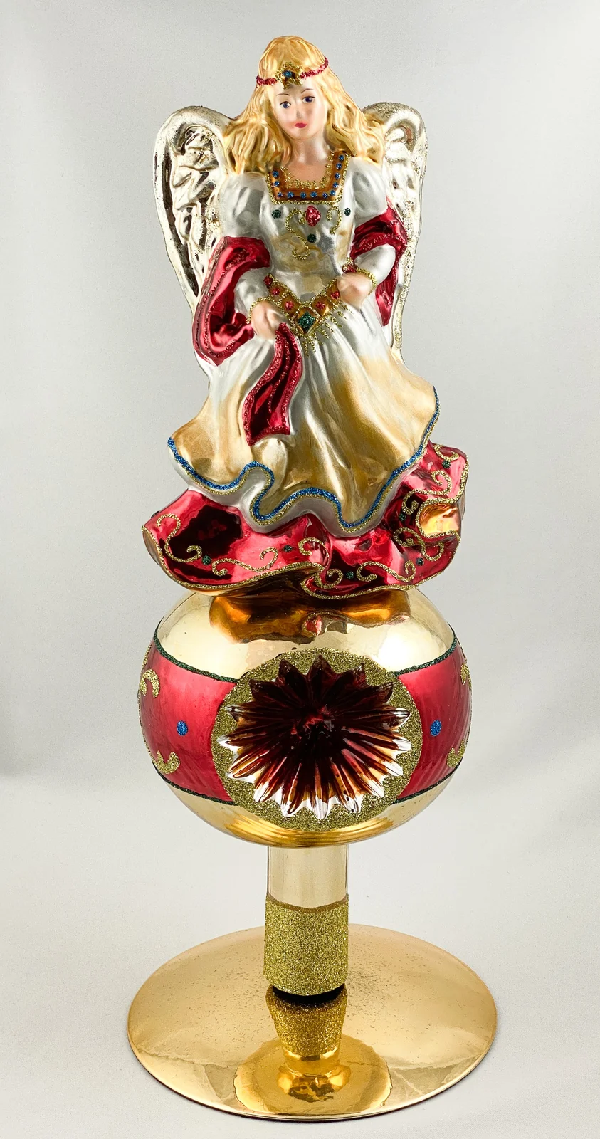 Glassware Christbaumspitze Engel im roten Kleid mit Reflexkugel
