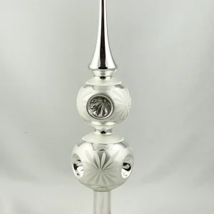 Thüringer Baumspitze Silber, zwei Kugeln mit Reflex, mit weissem Blüten-Motiv