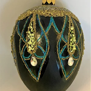 Hanco Ei-Form dunkelblau mit goldenem und blauem Glitterdekor und Strasssteinchen in Tropfenform