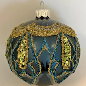 Hanco Kugel dunkelblau mit goldenem und blauem Glitterdekor