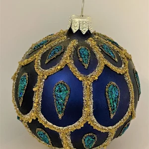Hanco Kugel dunkelblau mit goldenem und blauem Glitterdekor in Tropfenform