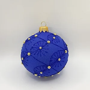 Dagmara Kugel samtenes Blau mit goldenen Schmucksteinen