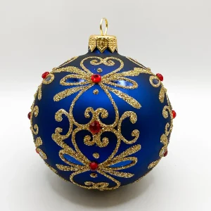 Dagmara Kugel blau matt mit Golddekor und kleinen roten Steinen