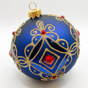 Dagmara Kugel blau matt mit Golddekor, kleine und grosse rote Steine