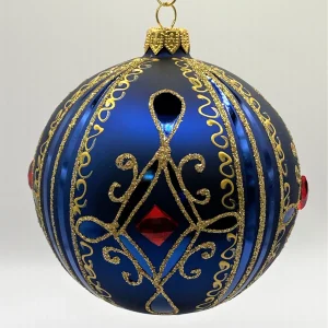 Dagmara Kugel blau matt mit Golddekor, grosse rote Steine