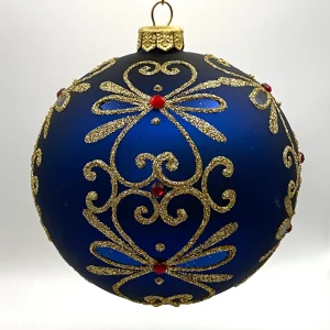 Dagmara Kugel blau matt mit Golddekor und kleinen roten Steinen