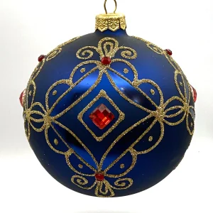 Dagmara Kugel blau matt mit Golddekor, kleine und grosse rote Steine