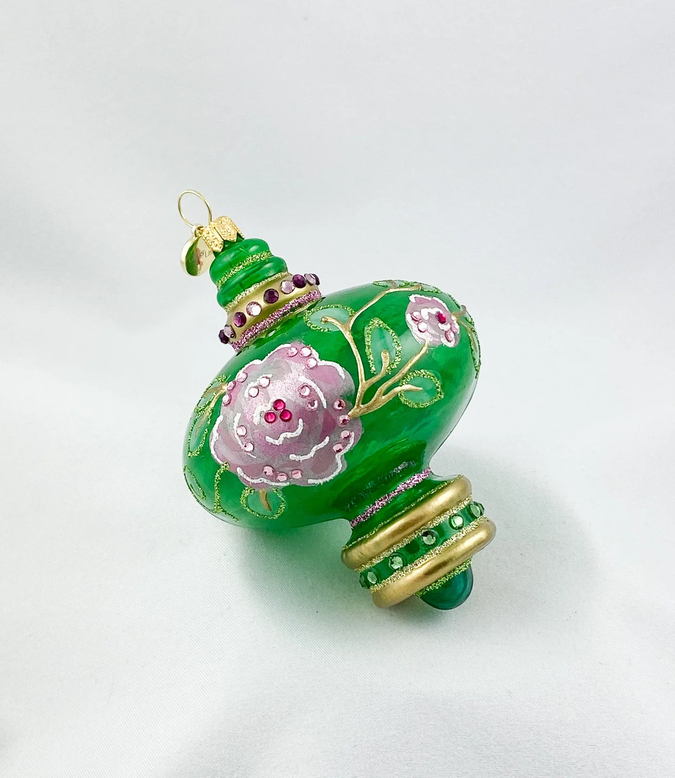 GlitterLab Grün transparente Zwiebelform mit rosa Blüten und Glitzersteinen, GlitterLab