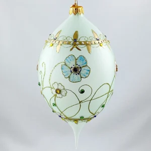 GlitterLab Transparente Tropfenform in Mint mit rosa und hellblauen Blüten und Glitzersteinen, GlitterLab