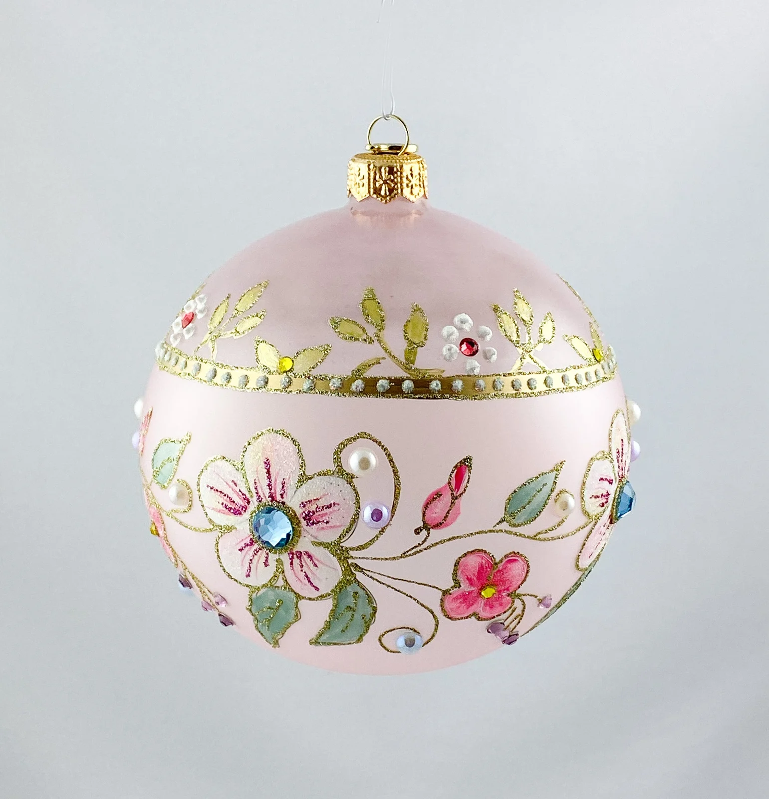 GlitterLab Transparente Kugel in Rosa mit Blütenranken und Glitzersteinen, GlitterLab