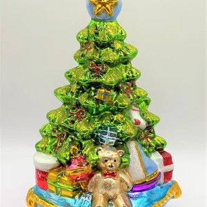Glassware Christbaum mit Teddybär, Lokomotive und Segelboot auf blauem Kissen