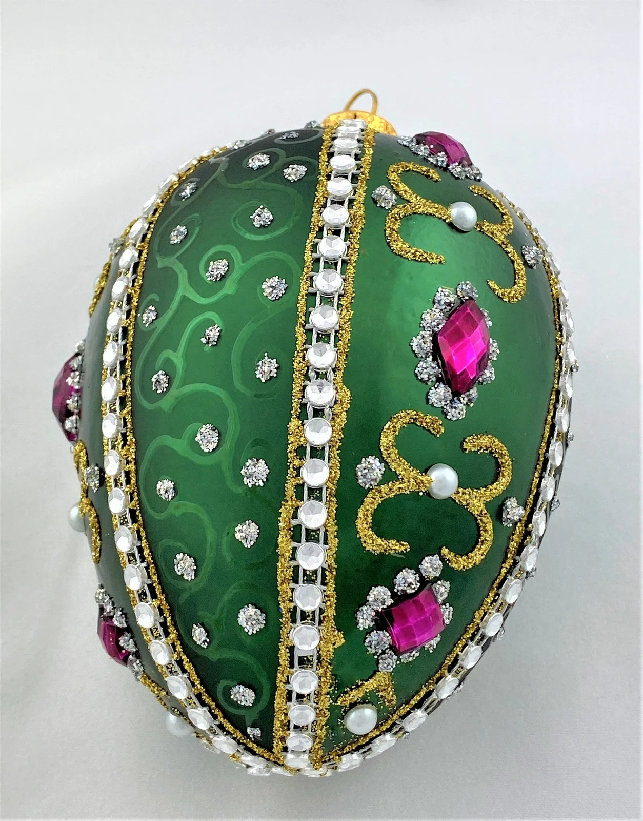 Hanco Faberge-Ei dunkelgrün mit weissen und violetten Strass-Steinen