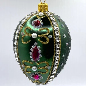 Hanco Faberge-Ei dunkelgrün mit weissen und violetten Strass-Steinen