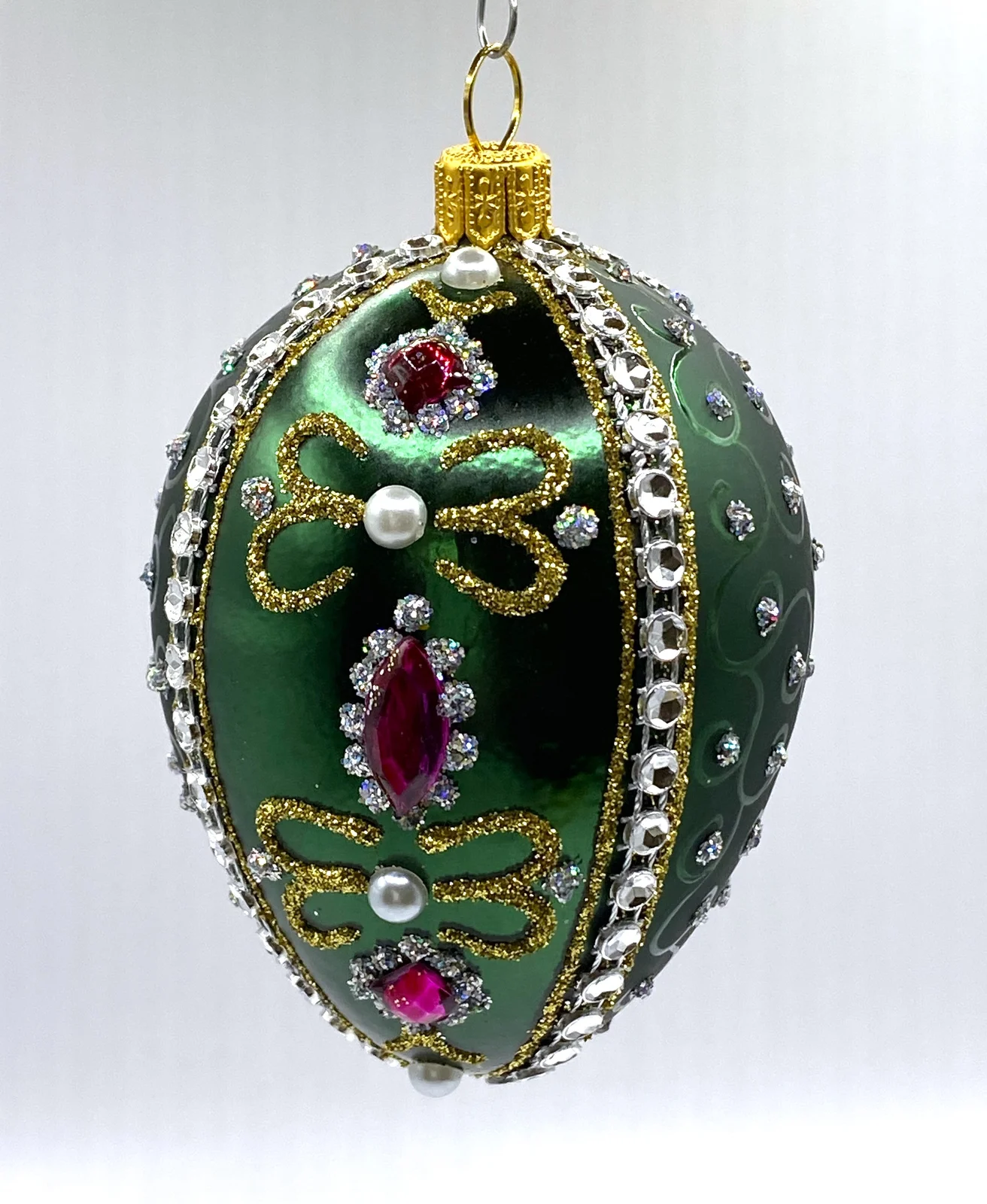 Hanco Faberge-Ei dunkelgrün mit weissen und violetten Strass-Steinen