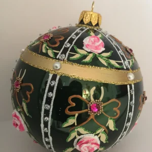 Hanco Kugel dunkelgrün mit rosa Blüten und violetten Strass-Steinen