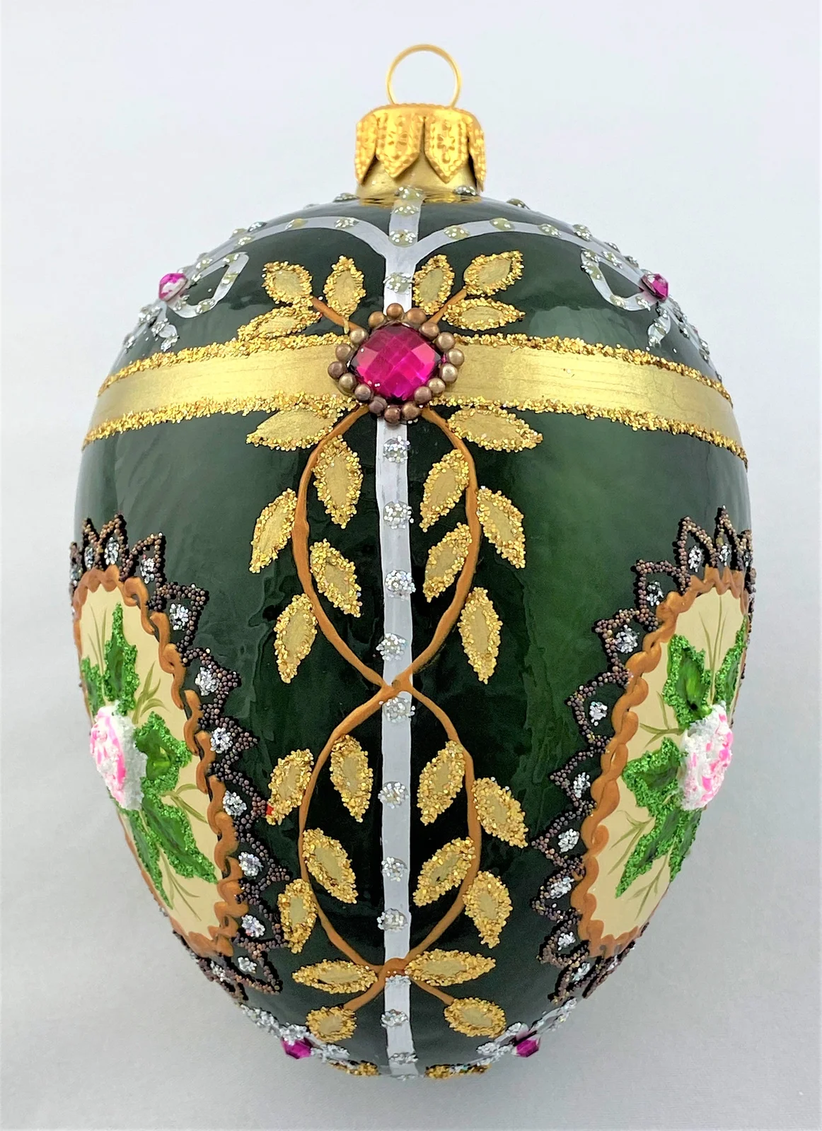 Hanco Fabergé Ei dunkelgrün mit Blüten und Ranken Dekor