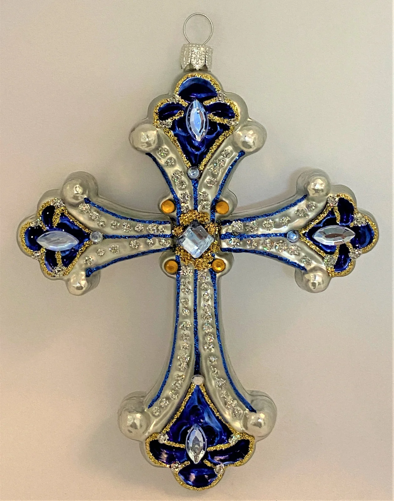 Hanco Kreuz Silber, blau mit Schmucksteinen