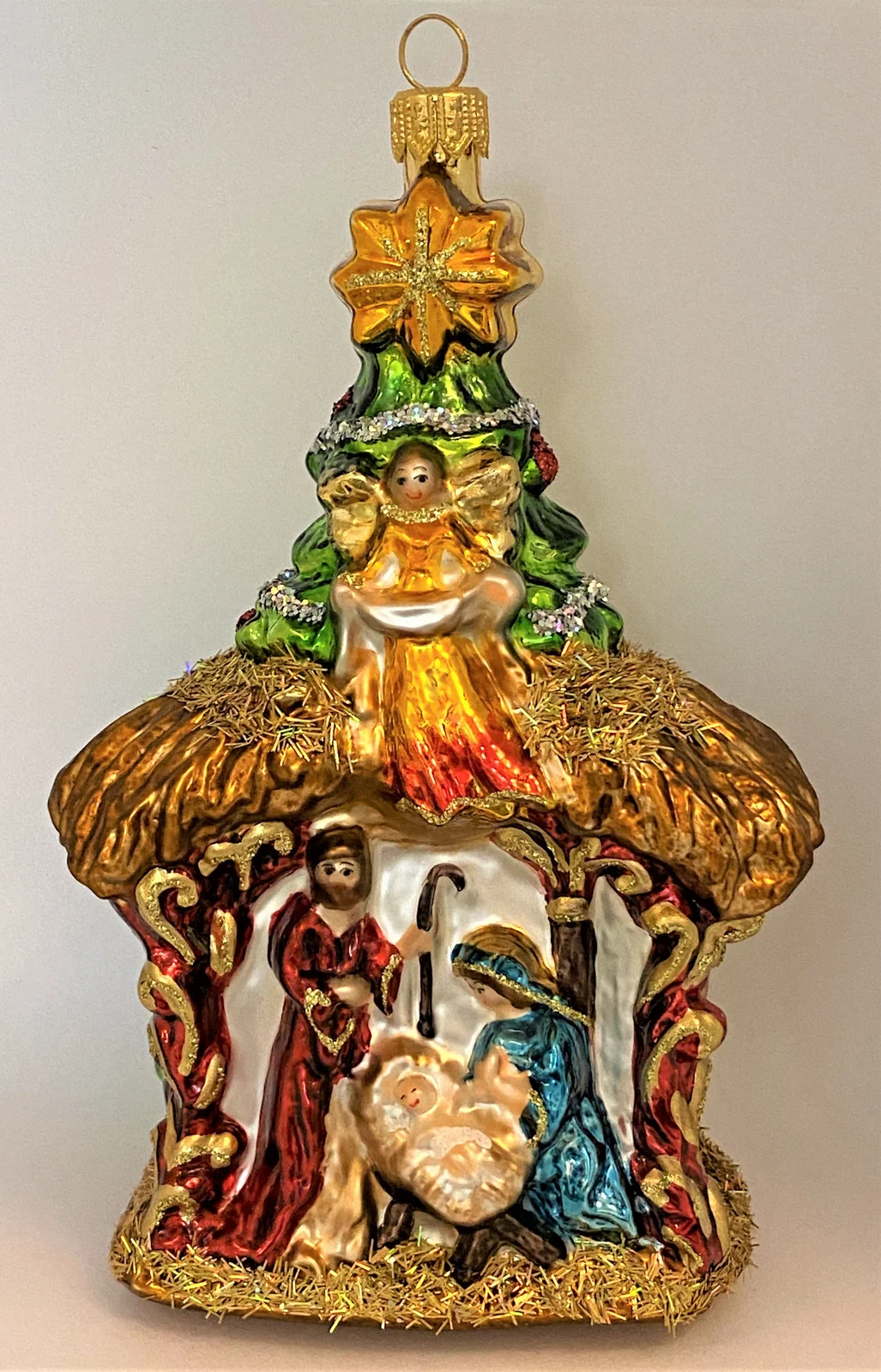 Glassware Heilige Familie in Krippe mit Engel und Stern