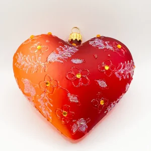 Szklo Rot oranges transparentes Herz mit Blümchen-Dekor