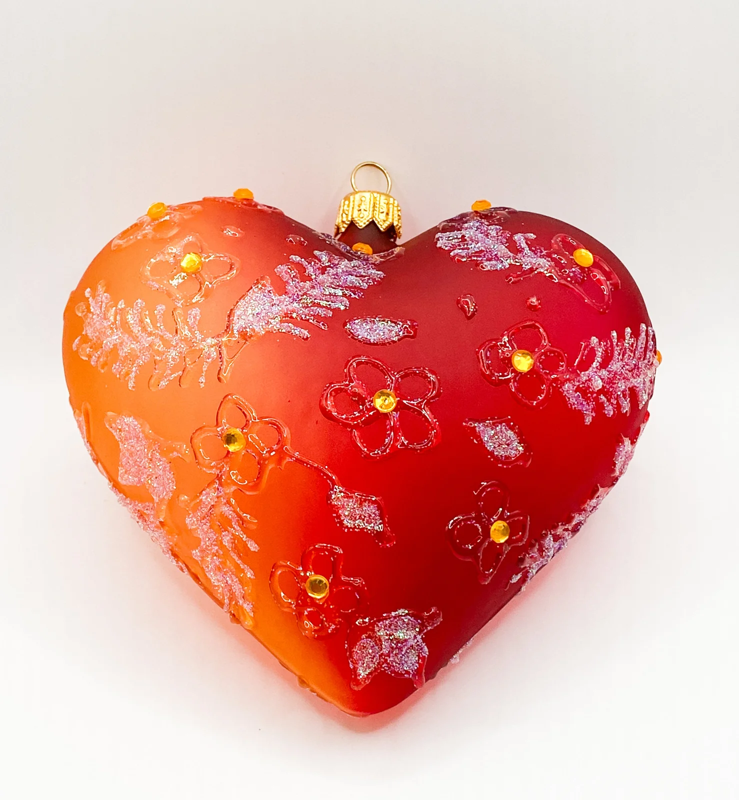 Szklo Rot oranges transparentes Herz mit Blümchen-Dekor