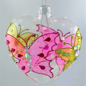 Szklo Transparentes Herz mit grünem und rosa Schmetterling