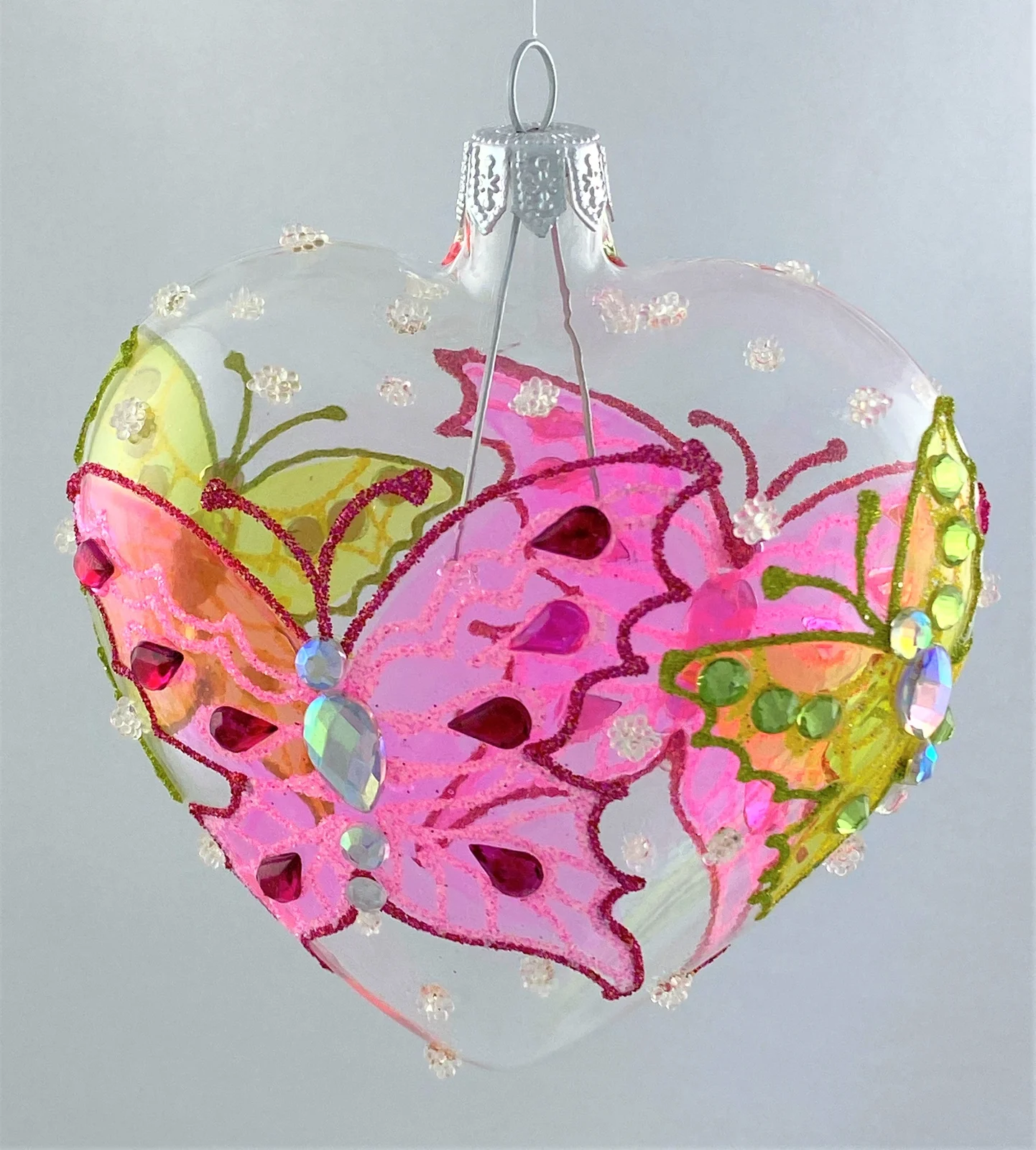 Szklo Transparentes Herz mit grünem und rosa Schmetterling