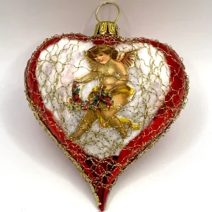 ANVA Rotes Herz mit Oblate " Engel mit Blumengirlande ", mit leonischem Draht umsponnen