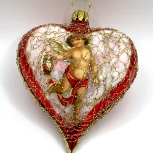 ANVA Rotes Herz mit Oblate " Engel mit Blumenkranz ", mit leonischem Draht umsponnen