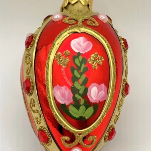 Szklo Kleines rotes Ei mit gemaltem Blumendekor
