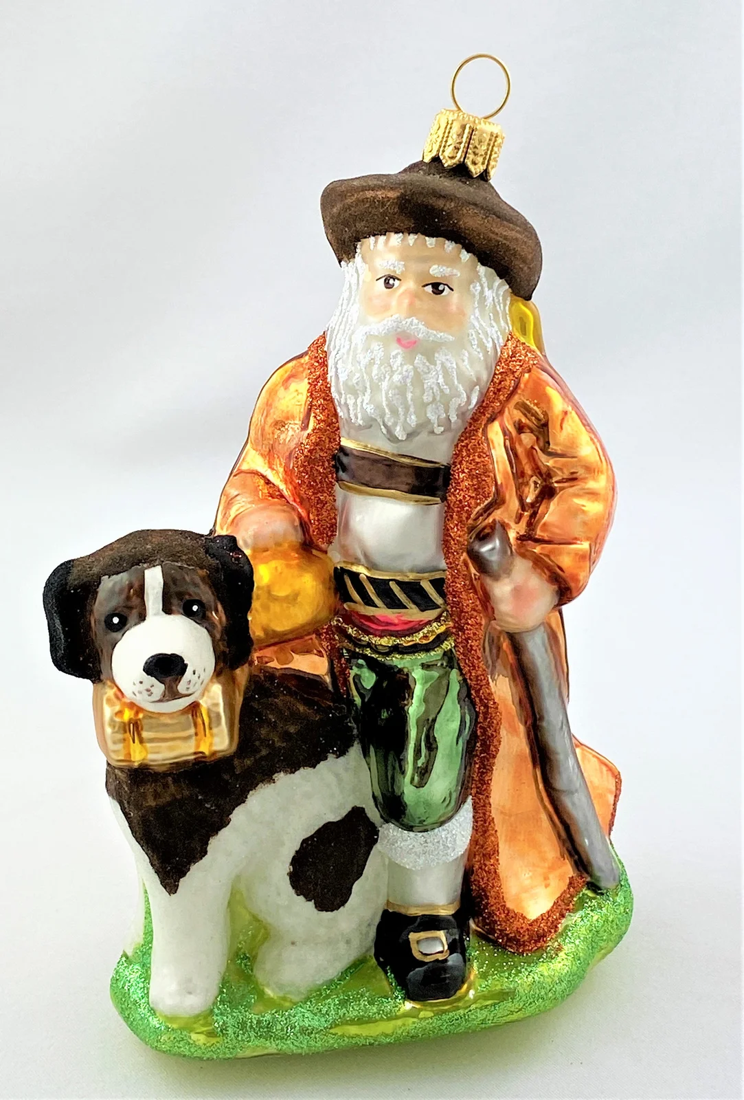 Glassware Schweizer Santa wird vom Bernhardiner-Hund begleitet