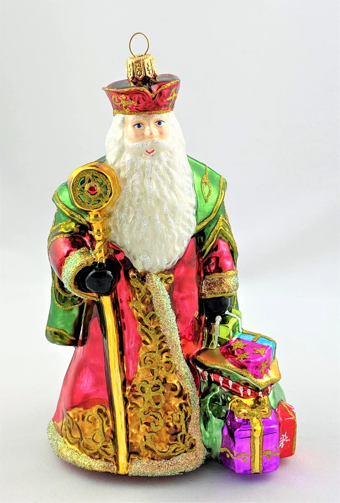 Glassware Nikolaus mit langem weissem Bart und goldenem Stab