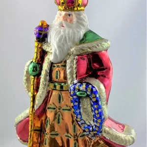Glassware Nikolaus in braunem Gewand und goldenem Stab mit violetter Kugel