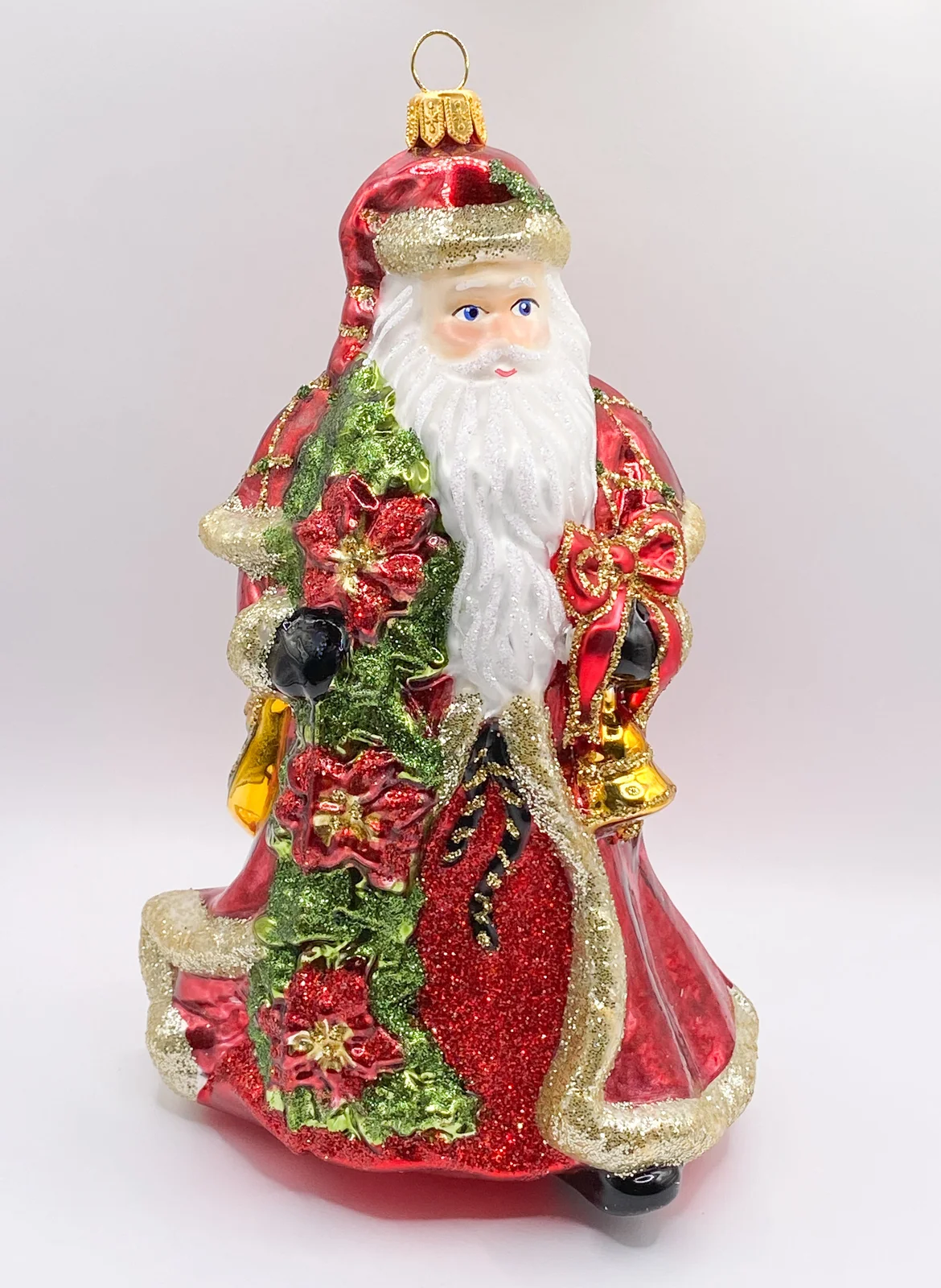 Glassware Weihnachtsmann mit Weihnachtsstern und Glocke in rotem Rock