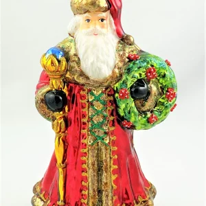 Glassware Nikolaus mit langer Mütze, Stab und grünem Kranz