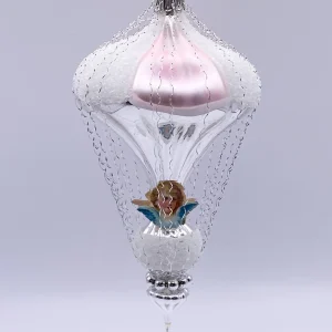 ANVA Weiss rosa Ballon in Rillenglas mit Dresdnerpapier und leonischem Draht verziert