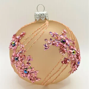 Dagmara Kugel bräunlich transparent mit rosa Streifen-Dekor und Glitzerflocken