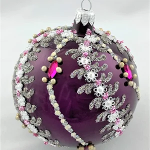Hanco Kugel violett mit feinem weiss/silber Blütenranken Dekor
