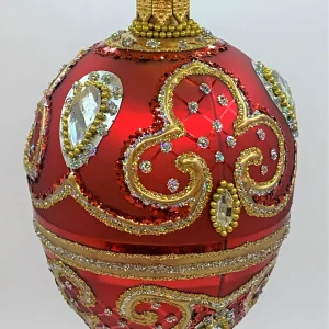 Hanco Warmrotes Faberge-Ei mit Barock Muster, silberne Steine
