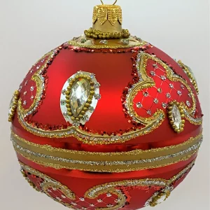Hanco Kugel warmes Rot mit Barock Muster, silberne Steine