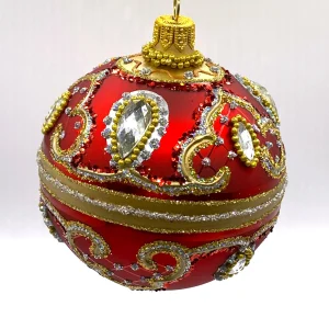 Hanco Kugel warmes Rot mit Barock Muster, silberne Steine