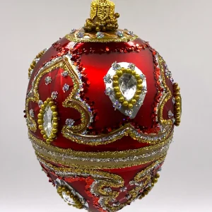 Hanco Faberge-Ei warmes Rot mit Barock Muster, silberne Steine