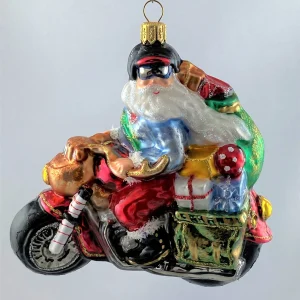 Glassware Santa Claus bringt die Geschenke auf dem coolen Motorrad