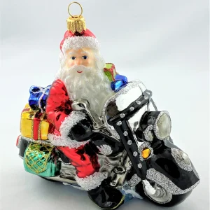 Glassware Santa ist mit dem schweren Motorrad unterwegs