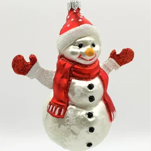 Hanco Schneemann mit roter Mütze und roten Handschuhen