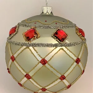 Hanco Kugel silbrig mit Gittermotiv und roten Schmucksteinen